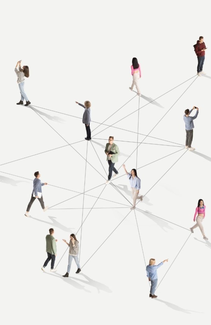 Aerial view of crowd of young diverse people, students, employees connected with lines against white background. Online communication. Human cooperation, online technologies, modern lifestyle concept